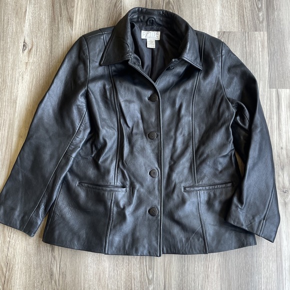 Vintage 90s Black Leather Blazer Jacket Sz Large LP Button Front Minimalist - Picture 1 of 5